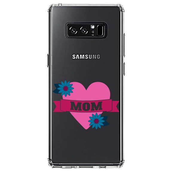 DistinctInk Clear Shockproof Hybrid Case for Samsung Galaxy Note 8 - TPU Bumper Acrylic Back Tempered Glass Screen Protector - Love Mom - Flower Heart Banner