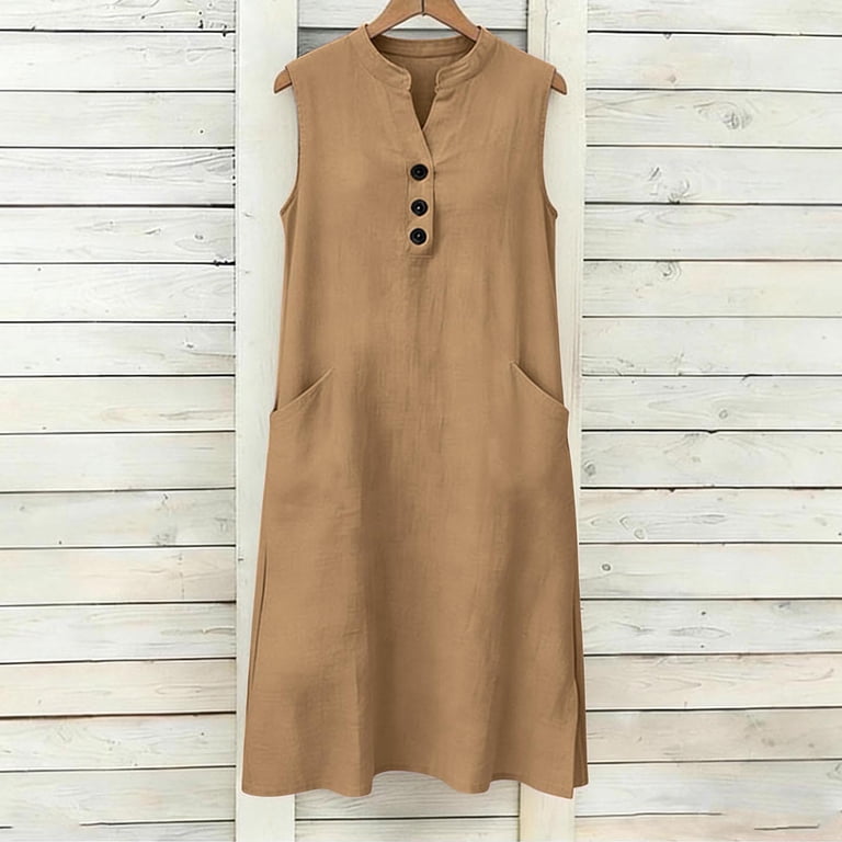 khaki sleeveless shirt dress Daily Dress Khaki Sleeveless Collared Shirt V-Neck Button Front Side Drawstring Midi Dress