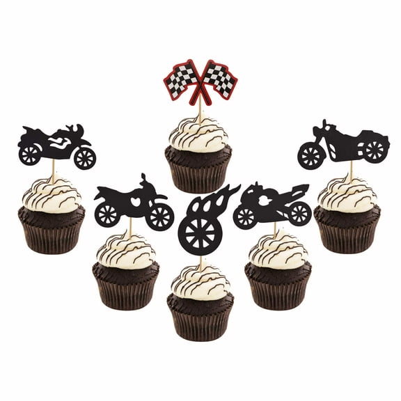 Motorcycle Cupcake Toppers for Motorcycle Theme Party Decorations, Racing Party Cupcake Decors for Boy's Birthday, Sports Theme Celebrating Party Supplies, 24 Pcs