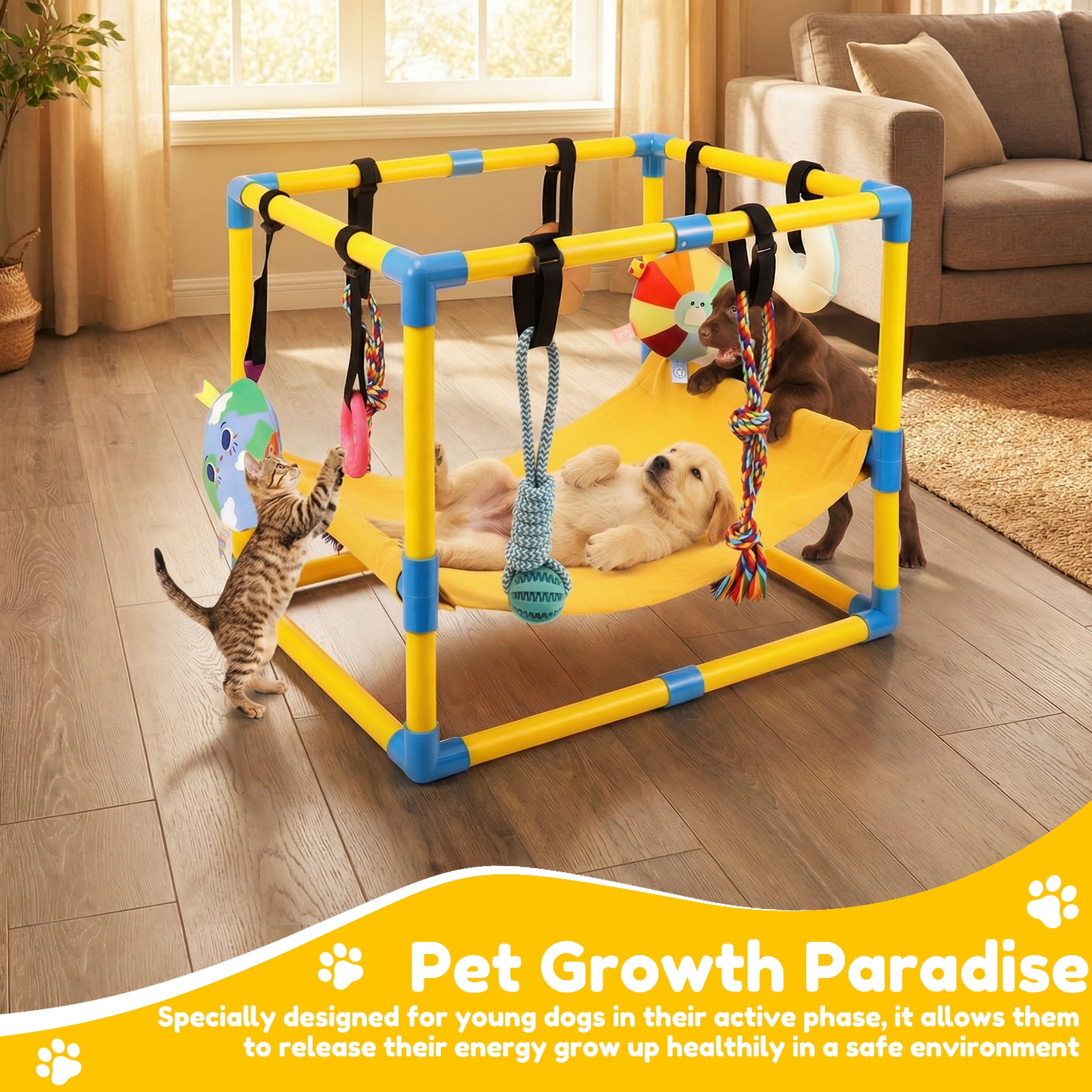 Austok Puppy Play Gym with 8 Toys Jungle Playground Gym for Small Dogs PVC Frame Dog Playground with Hammock for Playing Entertainment