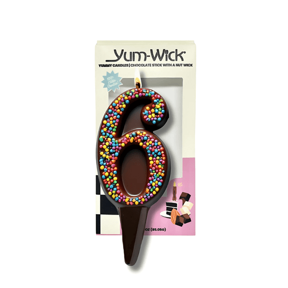YUM-WICK Edible Chocolate Party Candle Number 6 Re-Lightable Almond Wick, Kosher