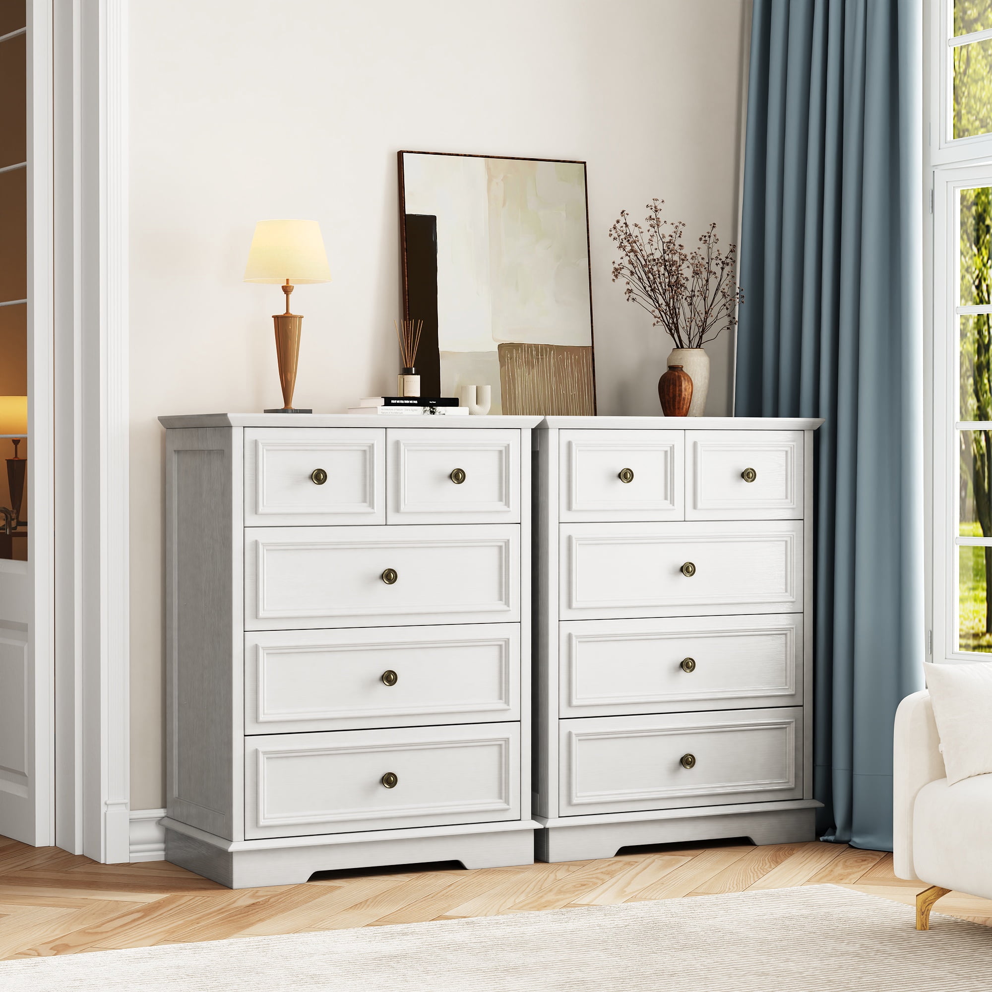 IDEALSOUL 5 Drawer Dresser for Bedroom, White Rustic Style Chest of Drawers, Retro Style 5 Drawer Dresser for Bedroom, Living Room, Bathroom