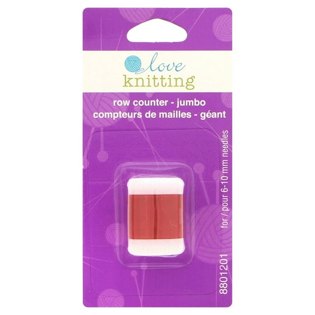 Love Knitting row counter jumbo in red and white, a manual knitting accessory for 6-10 mm needles, shown in purple retail packaging with English and French text.