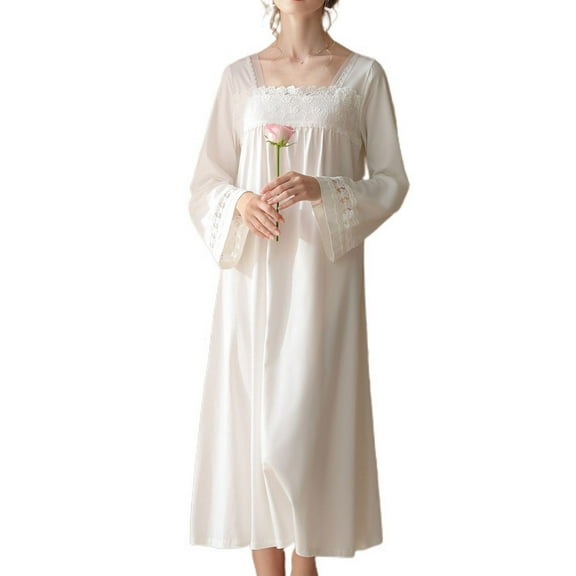 Women's Long Sleeve Cotton Nightgown Lace Lightweight Loose Sleepwear Billowy Princess Victorian Sleep Shirt Soft White Large