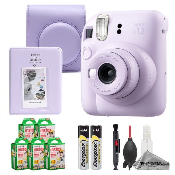 Fujifilm Instax Mini 12 Camera (Lilac Purple)   Case   Instax Mini Instant Film (100 Sheets)   Cleaning Kit   Mini Photo Album