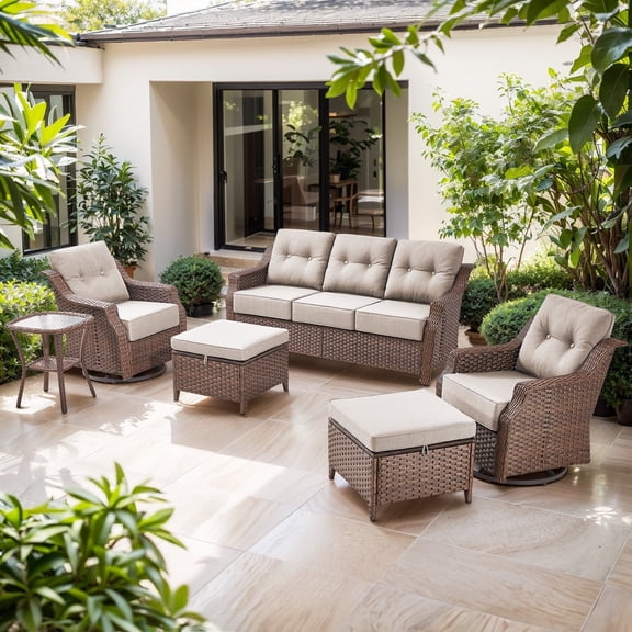 POCASSY 6PCS Outdoor Furniture Set with 6" Thick Cushion, Outdoor Sofa Couch Set with Swivel Chairs and Ottoman, Brown Wicker Patio Furniture Set for Porch Balcony in Beige Olefin Cushion