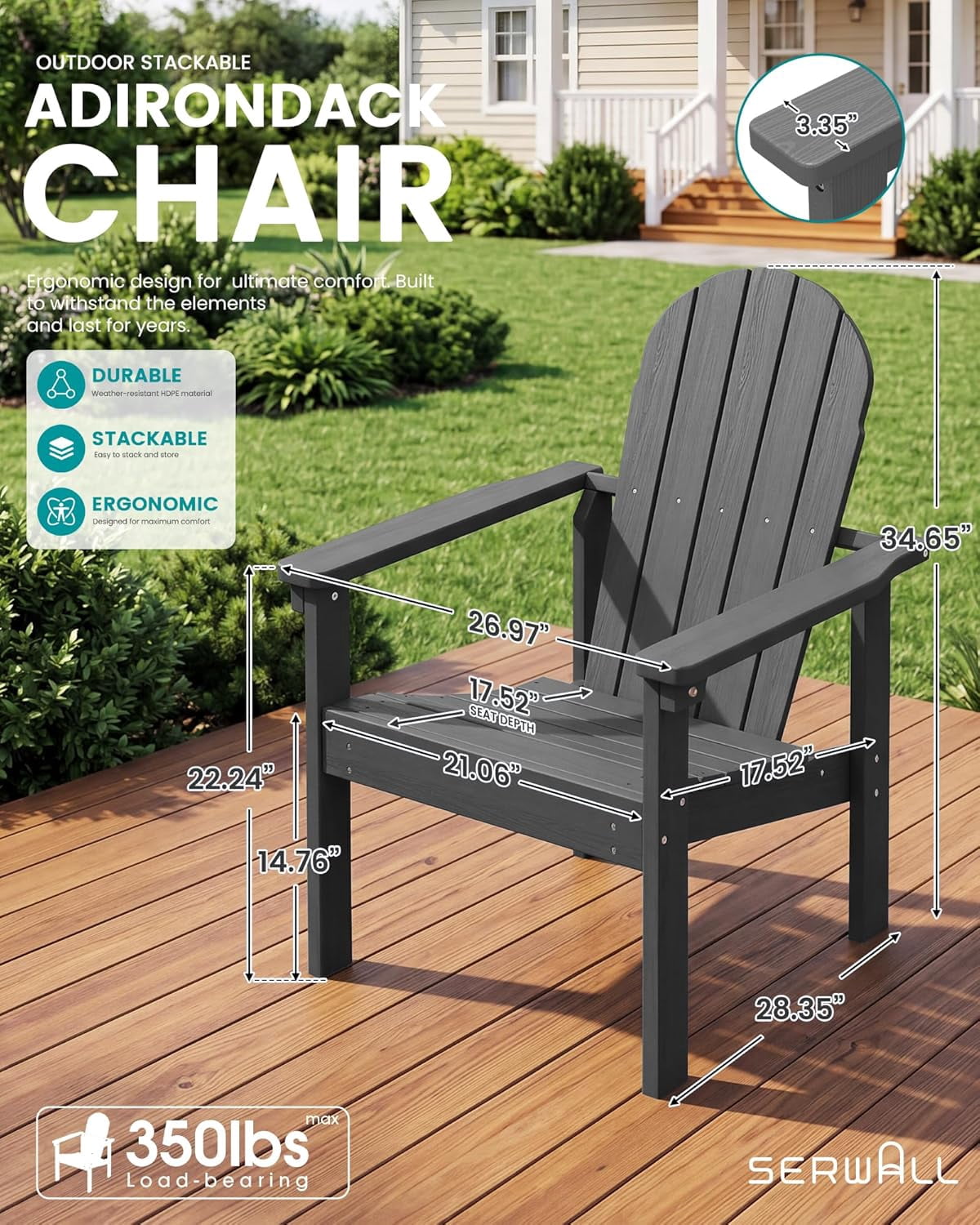 HJTER Stackable Modern Adirondack Chair, HDPE Outdoor Patio Chair with Space-Saving Design, All-Weather Fire Pit Chair with Widened Seat for Deck, Backyard, Garden, Lawn (Grey)