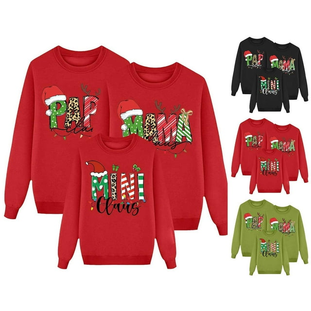 Ensemble Assorti de Chandails de Noël pour la Famille 2025, Hauts à Col Rond à Manches Longues avec Imprimé Père Noël et Renne, Chandail Amusant pour Maman, Papa et Enfants Séance Photo - #2 Maman TG