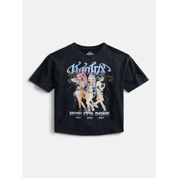 K Pop Demon Hunters Girl’s Boxy Mineral Washed Halloween Crewneck Tee with Short Sleeves, Sizes 4-16