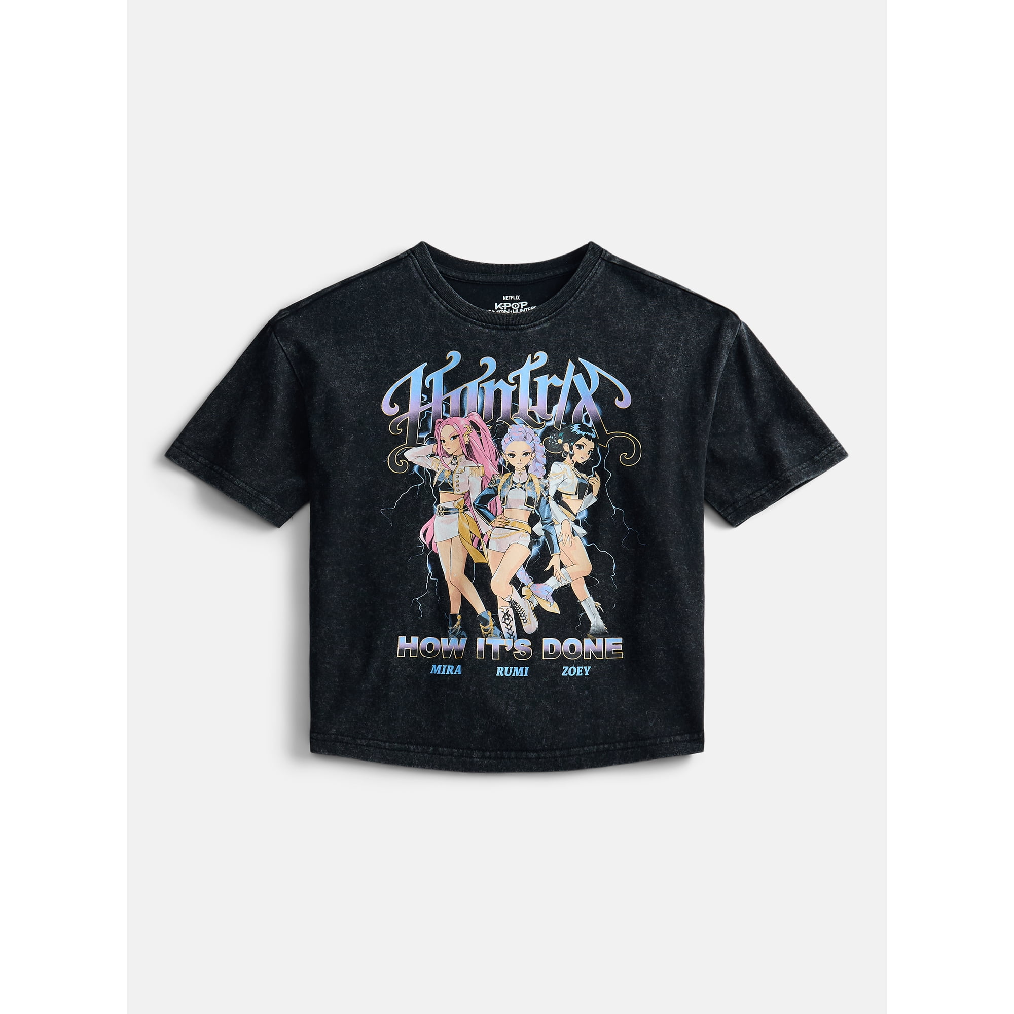 K Pop Demon Hunters Girl’s Boxy Mineral Washed Halloween Crewneck Tee with Short Sleeves, Sizes 4-16