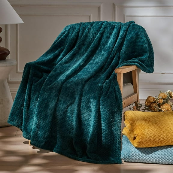EnjinZZ Super Soft Throw Blanket Dark Teal Premium Silky Flannel Fleece Leaves Pattern Lightweight Bed Blanket All Season Use (Dark Teal, Throw(50"x60"))