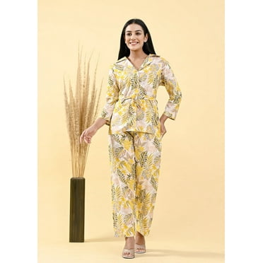 Canary yellow & green bold leaf printed
