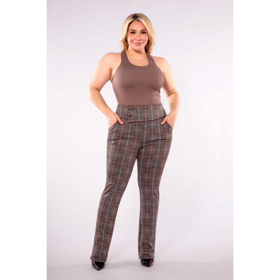 Plus Size Asymmetrical Button Waist Flare Pants - Khaki, Brown Plaid