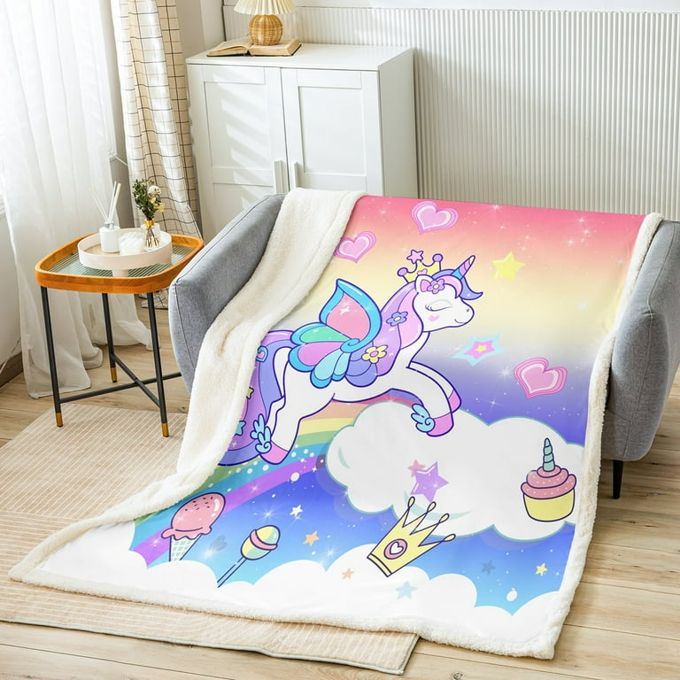 YST Girls Unicorn Fleece Blanket Queen 90 X90 Cute Unicorn Throw Blanket For Bed Couch Cartoon Stars Love Heart Rainbow Sherpa Blanket Kawaii