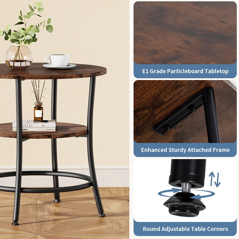 Gianna 2-Tier Round Side Table，Space-Saving End Table for Small Living Room & Bedroom，Rust Brown