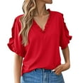 thumbnail image 2 of Red Womens Tops 2025 Summer Simple Solid Color Short Sleeved Ruffled V Neck Blouse Blouse Shirts for Women, 2 of 6