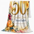 thumbnail image 2 of Golden 50Th Anniversary Floral Design, Cozy Typography Art Scene, Warm Flannel Blanket for Living Room and Reading Nook, Art Lovers Valentine's Day Gift, Artistic Home Decor, 2 of 9
