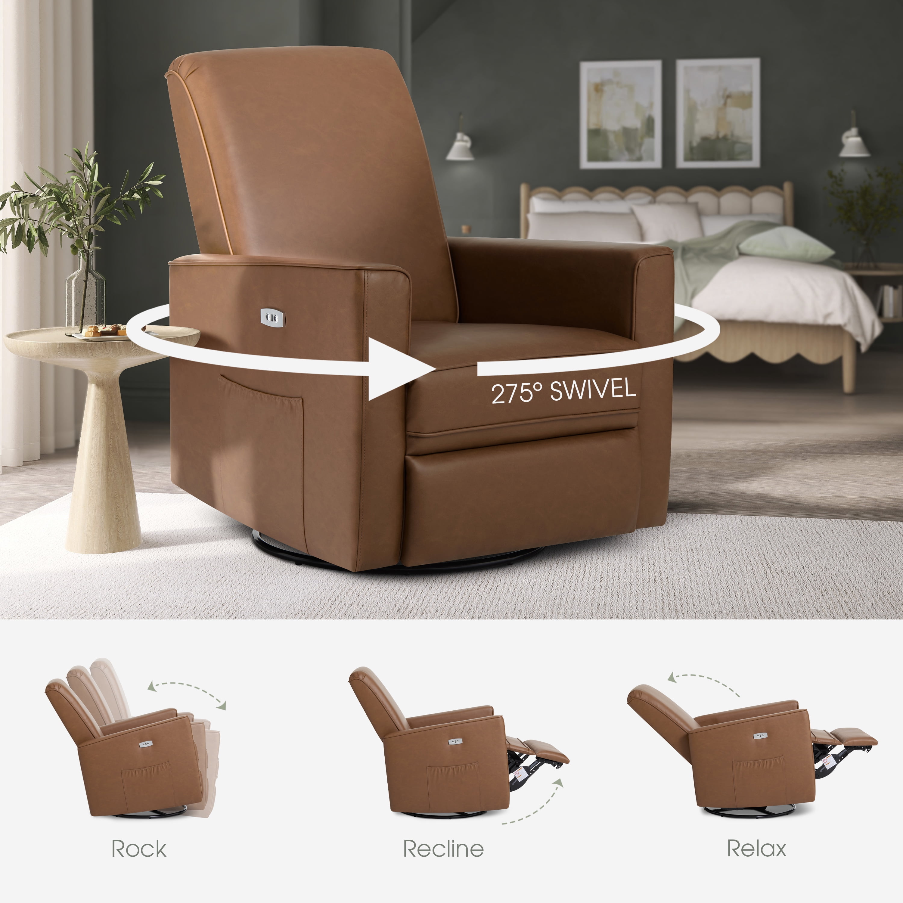 Evolur Harlow Deluxe Upholstered Plush Seating Glider Swivel, Power Recliner with USB Port, Greenguard Gold Certified, Glider Chair for Nursery, Cognac