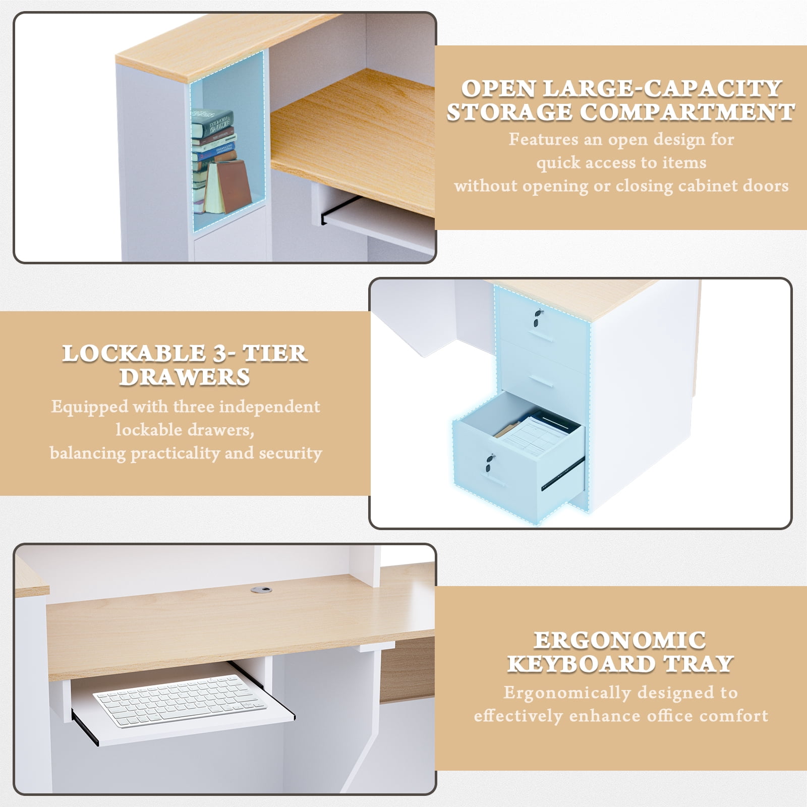 Vakiorn L-Shaped Wooden Reception Desk Lockable Drawers Storage Keyboard Tray 71in for Office Lobby Checkout Left Natural Wood White