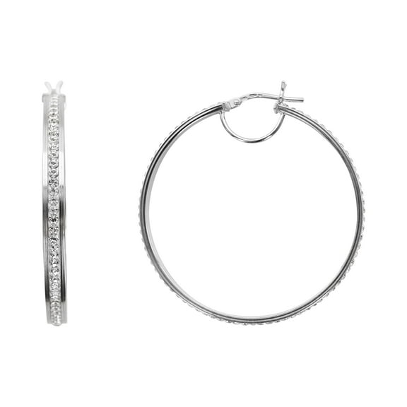 Brilliance Fine Jewelry Rhodium Plated Sterling Silver Classic Crystal Round Hoop Women's Earring