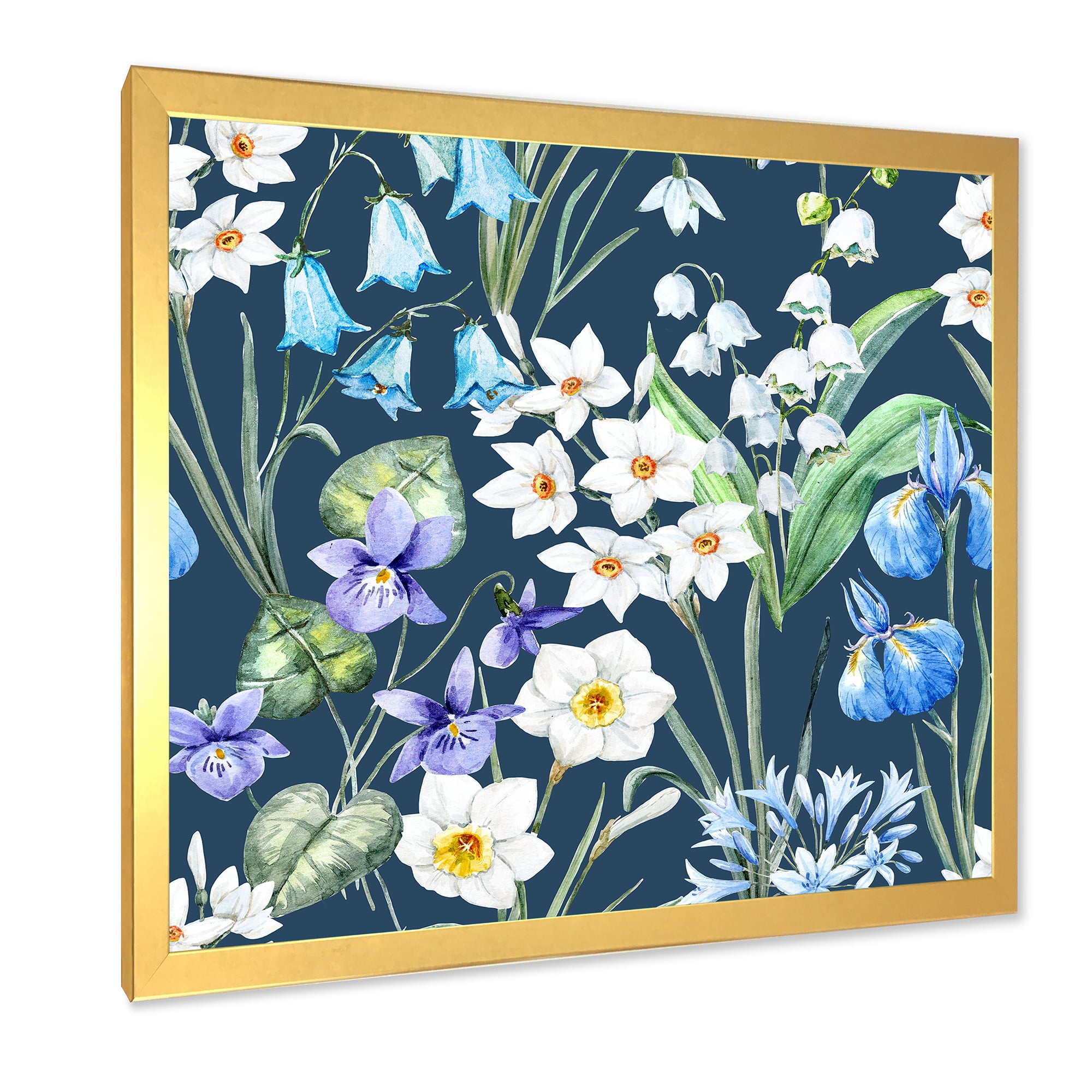Blue and White Spring Flowers On Dark Blue 16 in x 16 in Framed Painting Canvas Art Print, by Designart