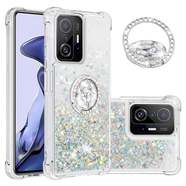 Funda para Xiaomi 11T/11T Pro 5G con Brillo Líquido Flotante, Purpurina, Parachoques y Anillo Giratorio Soporte