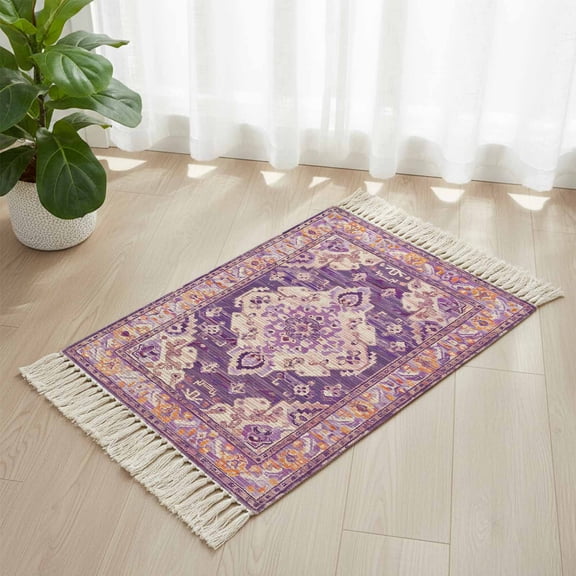 Area Rug with Tassels 2' x 3', Purple Bohemia Ethnic Pattern Kitchen Runner Rug for Hallway Bedroom Throw Rugs, Vintage Boho Geometric Soft Door Mat for Bathroom Entrance Living Room