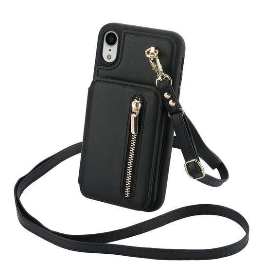 ELEHOLD Wallet Crossbody Case for iPhone XR with RFID Blocking Card Holders Zipper Purse Storage Kickstand Function Detachable Wrist Lanyard Shoulder Strap Shockproof Wallet Case,black
