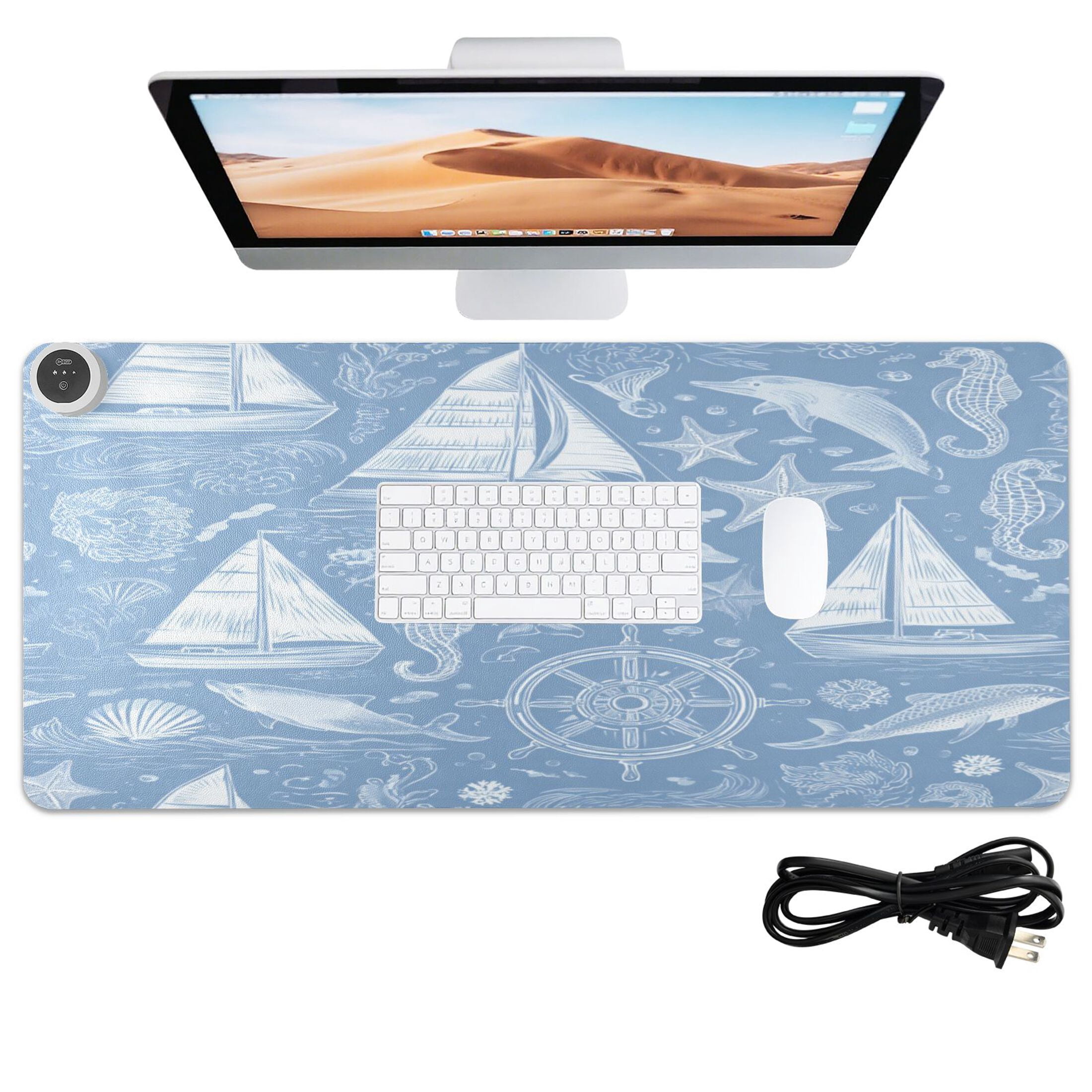 Large Heated Desk Mat Mouse Pad 31.5"x13"PU Leather Graphene Heating Desk Warmer with 3 Temperature Settings 110V US Plug Non-Slip Warm Pad for Home, Office, and Gaming Blue Nautical Style Pattern