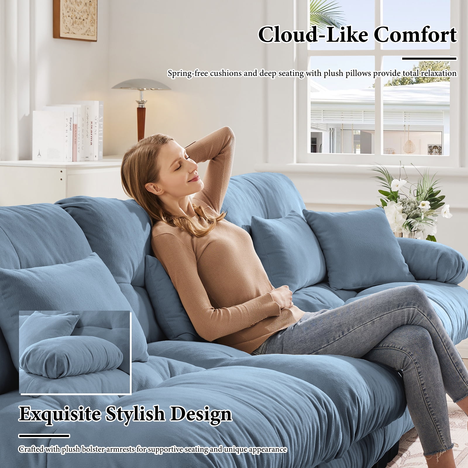 133.8" Oversized Couch, 3 Seater Modular Sectional Sofa, Blue Large U Shaped Sectional Couches for Living Room, Fluffy Chenille Fabric Cloud Couch with Ottoman, Deep Seat Sofas