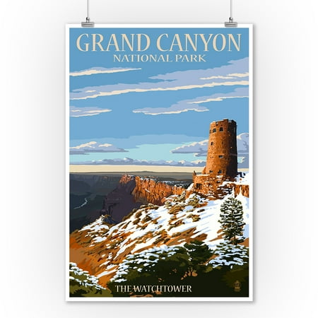 Grand Canyon National Park, Arizona - Watchtower & Snow - Lantern Press Artwork (9x12 Art Print, Wall Decor Travel