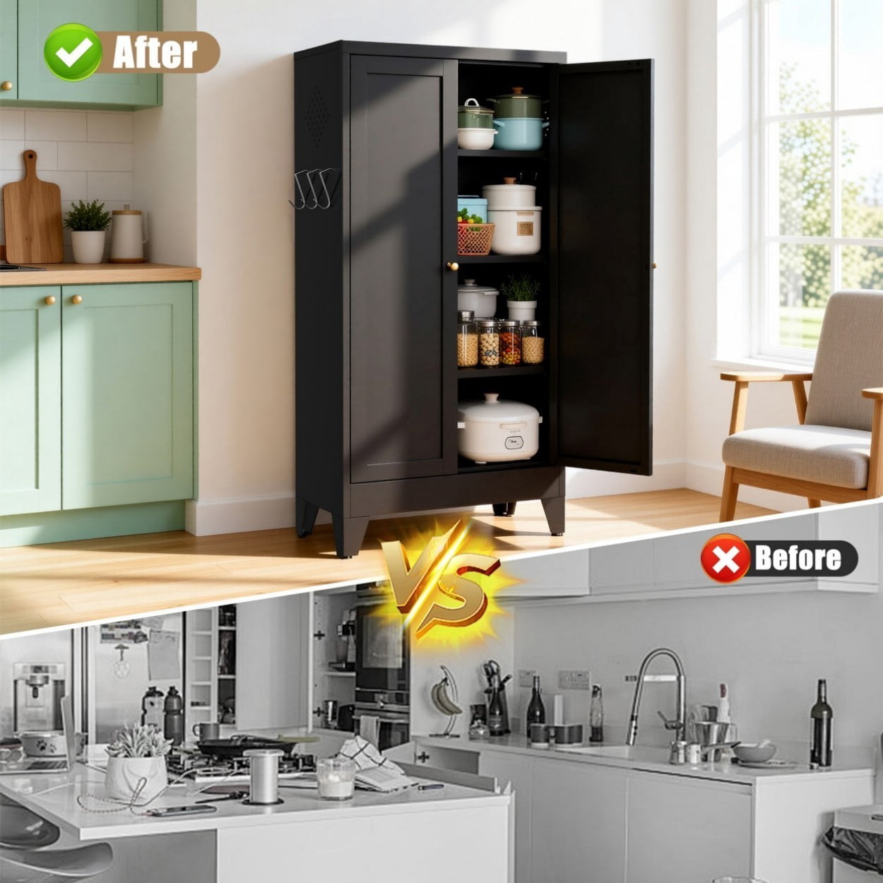 47.3" Metal Kitchen Pantry Cabinet with Doors, Heavy Duty Freestanding Storage Organizer, Adjustable Shelves, 110 LBS Capacity Steel Cabinet for Kitchen Pantry Living Room, Black