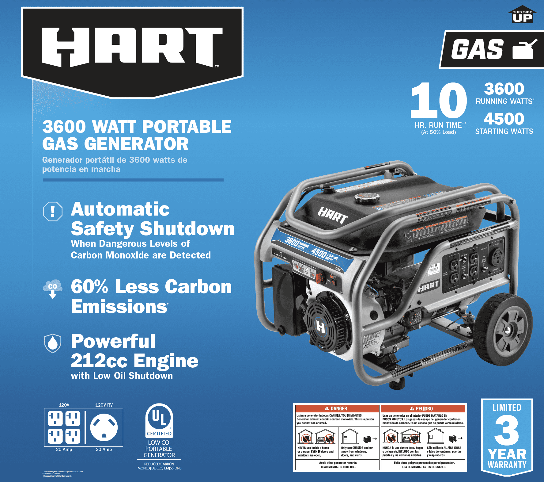 Open Box Hart 3600 Watt UL Certified Gas Generator with CO Protection