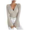thumbnail image 1 of NINGMENG Womens Tops Solid Color Deep V Neck Long Sleeve Wrap Tops Pullover Tee Shirts Activewear,Beige,M, 1 of 8