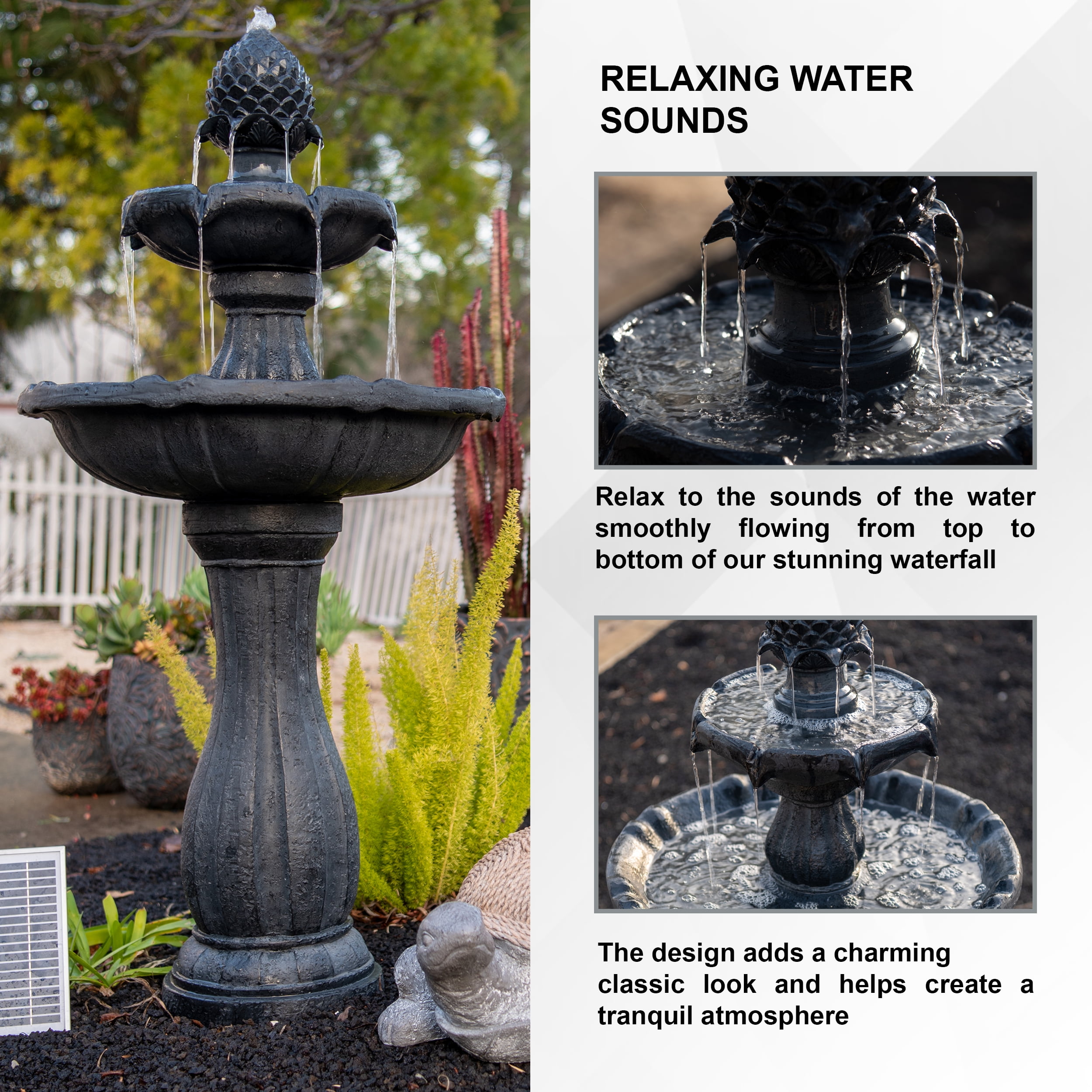 XBrand 44" H Black Fiberglass/Resin 2-Tier Solar Water Fountain w/ Solar Panel and Auto-Shut Off Pump, Solar Garden Fountain, Tall Outdoor Fountain, Two Tiered Birdbath Fountain