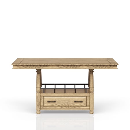 Counter Table in Caramel Finish Solid Wood and Elm Veneer Dining Table with Lower Storage Drawer Open Shelf with Metal Gallery Rail and Turned Legs for Kitchen or Dining Room