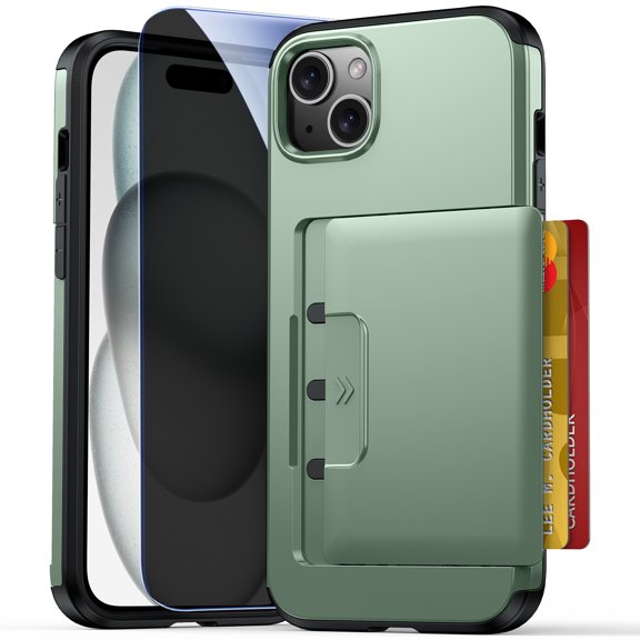 Dteck Hidden Card Holder Case for iPhone 15 Plus with Privacy Screen Protector Auto-Alignment Kit, Shockproof Slim Heavy Duty Dual Layer Wallet Hard Protective Cover, Armygreen