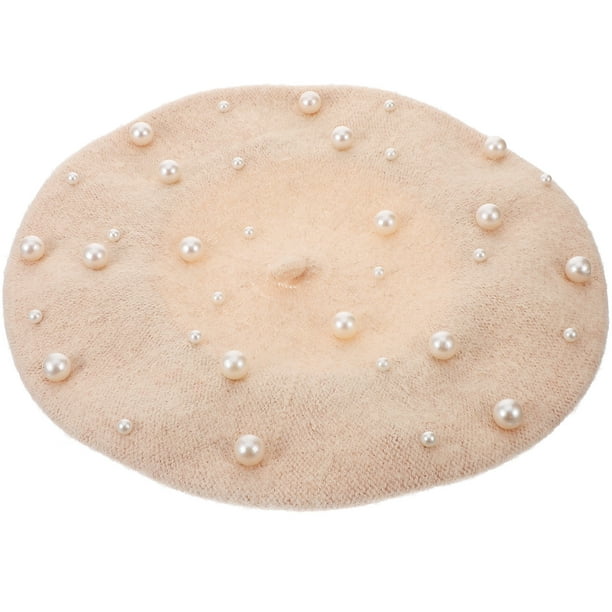 FELTECHELECTR Boina de perlas para mujer, de lujo, para otoño e invierno, para trabajo pesado, de lana con remaches de perlas y cuentas estrelladas, talla única (beige)