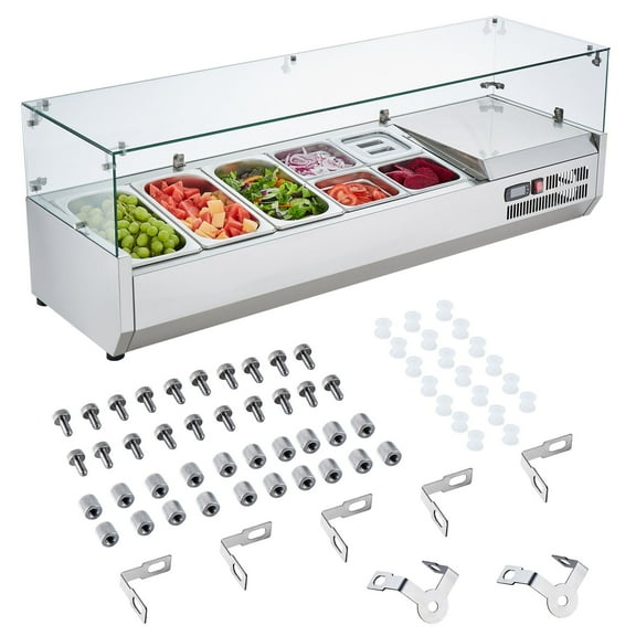 KFFKFF Refrigerated Countertop Condiment Prep Station, 140 W, Includes 3 1/3 Pans & 4 1/6 Pans, Durable 304 Stainless Steel Body with PC Lid, Sandwich Prep Table with Glass Shield, ETL Certified