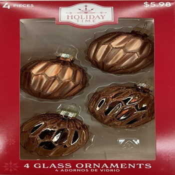 Holiday Time 4 Count Pattern Glass Ball Christmas Ornaments, 65mm, Boxed Glass, Copper