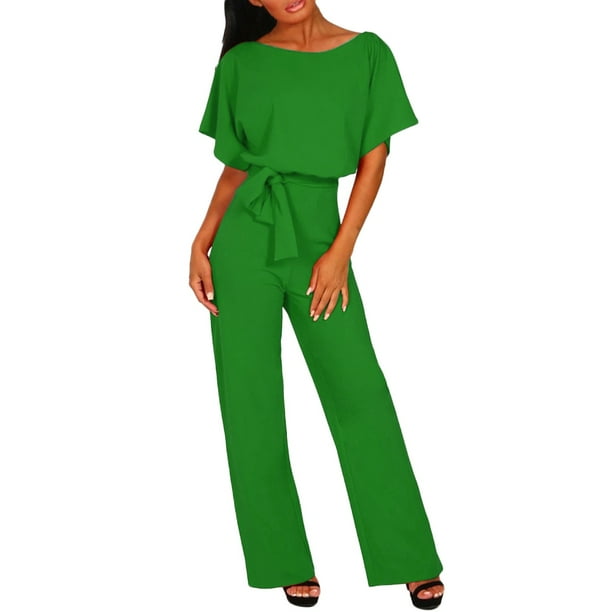 Gibobby Pantalones cortos Mono de manga corta con botones y cordones de color liso a la moda para mujer(Verde, L)
