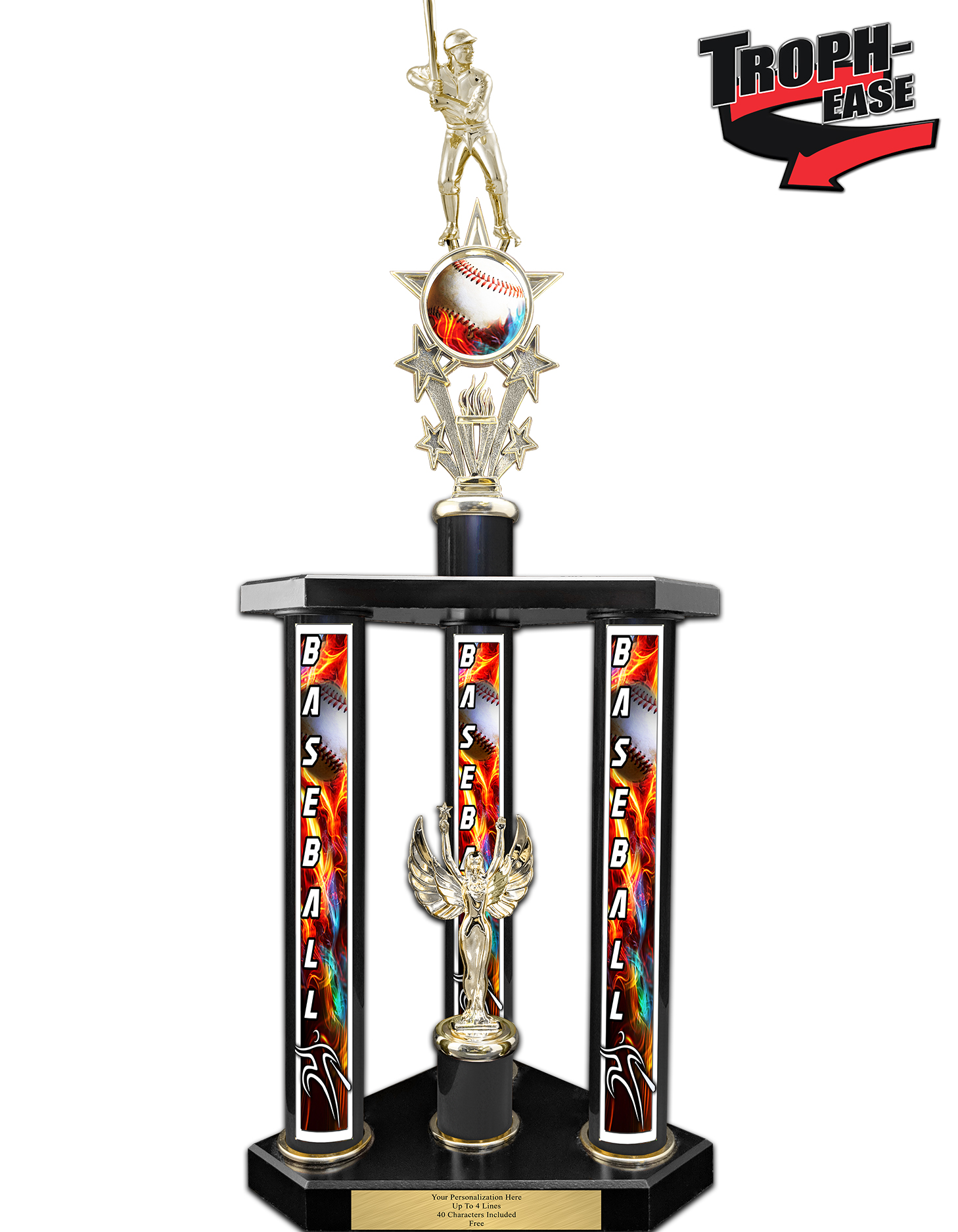 Trophy Deals 25" Flame Baseball Black Matte 3 Column Trophy, Custom