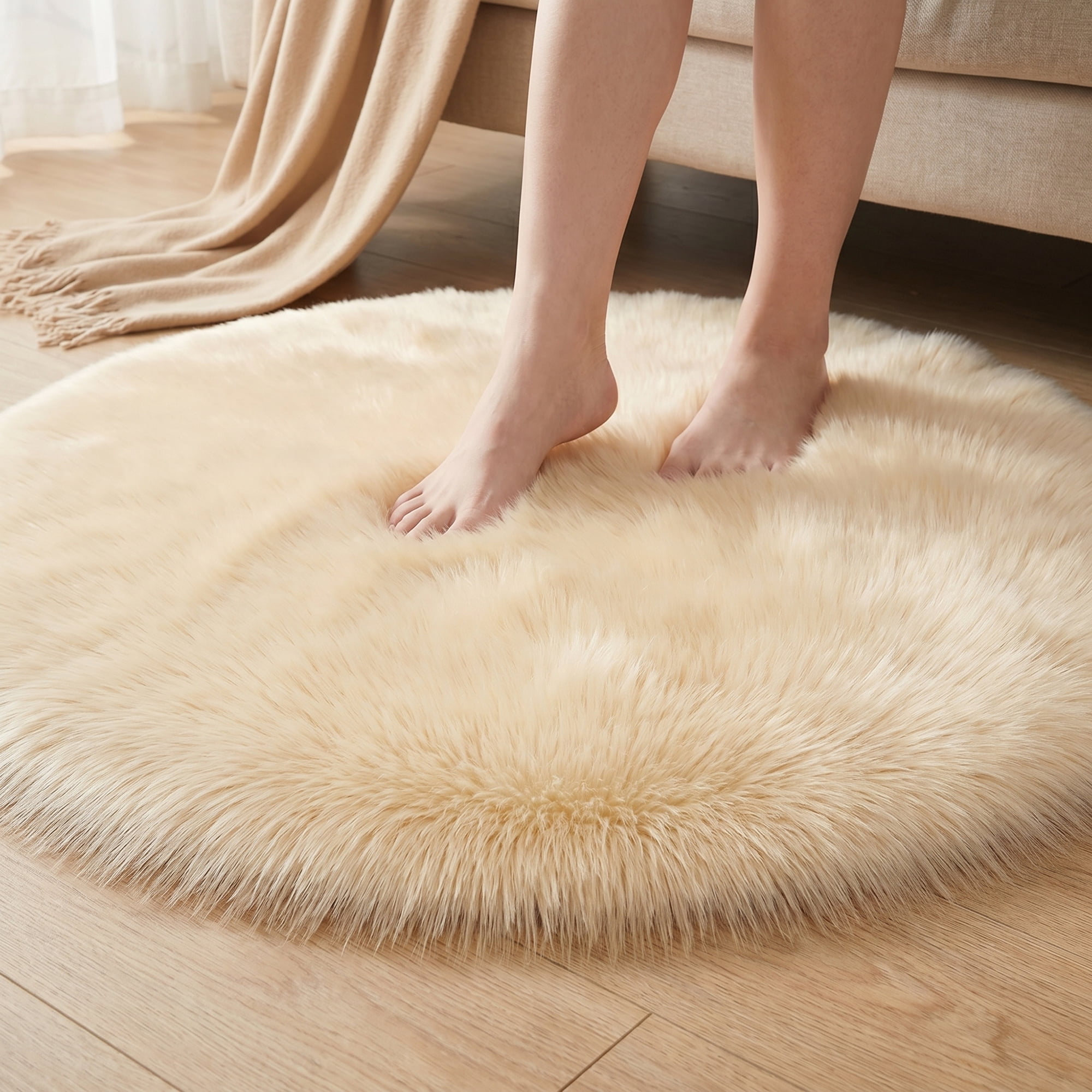 Unique Bargains Shaggy Round Area Rug Fluffy Non-Slip Fuzzy Carpet 24" x 24" Beige Yellow