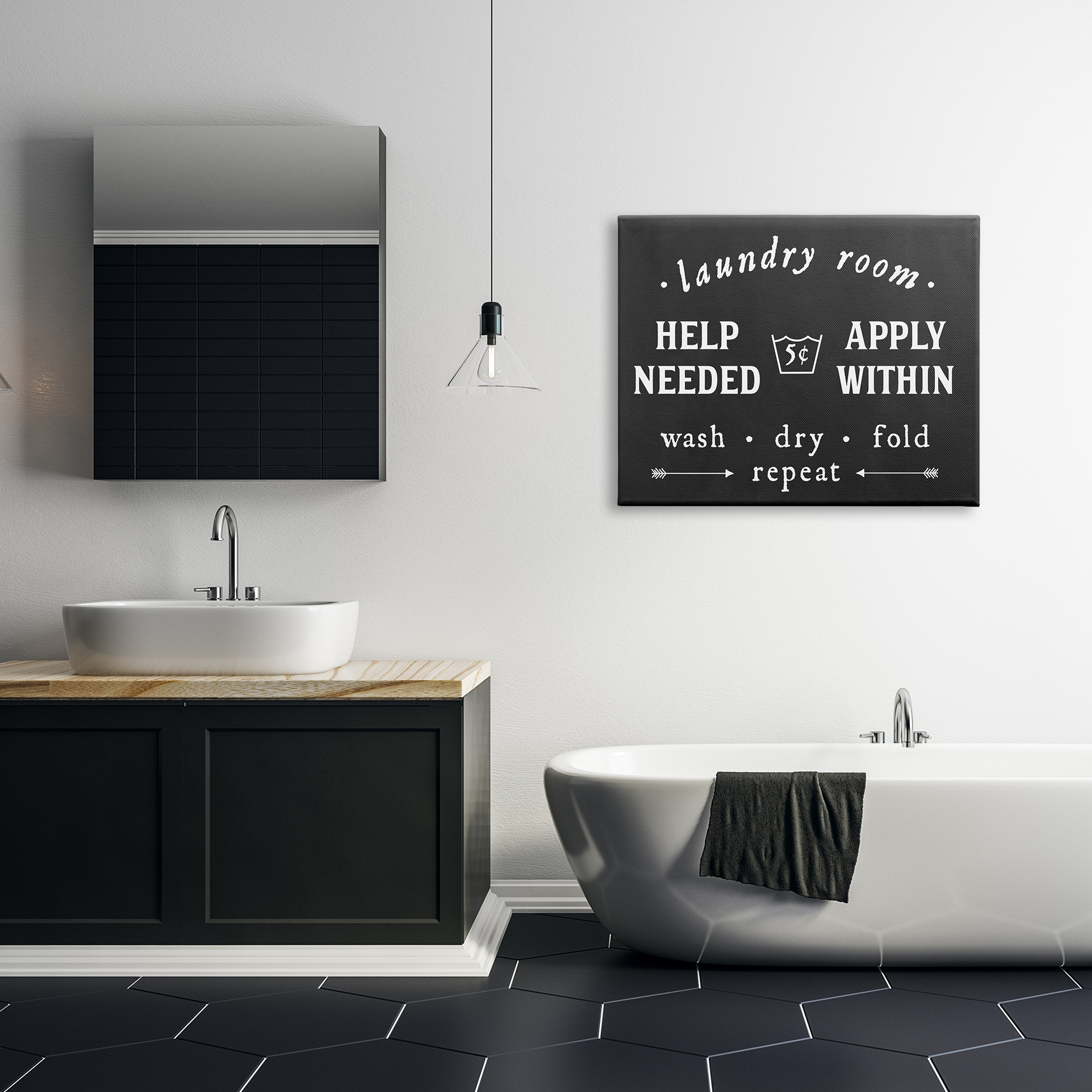 Stupell Industries Vintage Help Wanted Laundry Room Sign Black White Typography Painting Gallery Wrapped Canvas Print Wall Art, 30 x 40