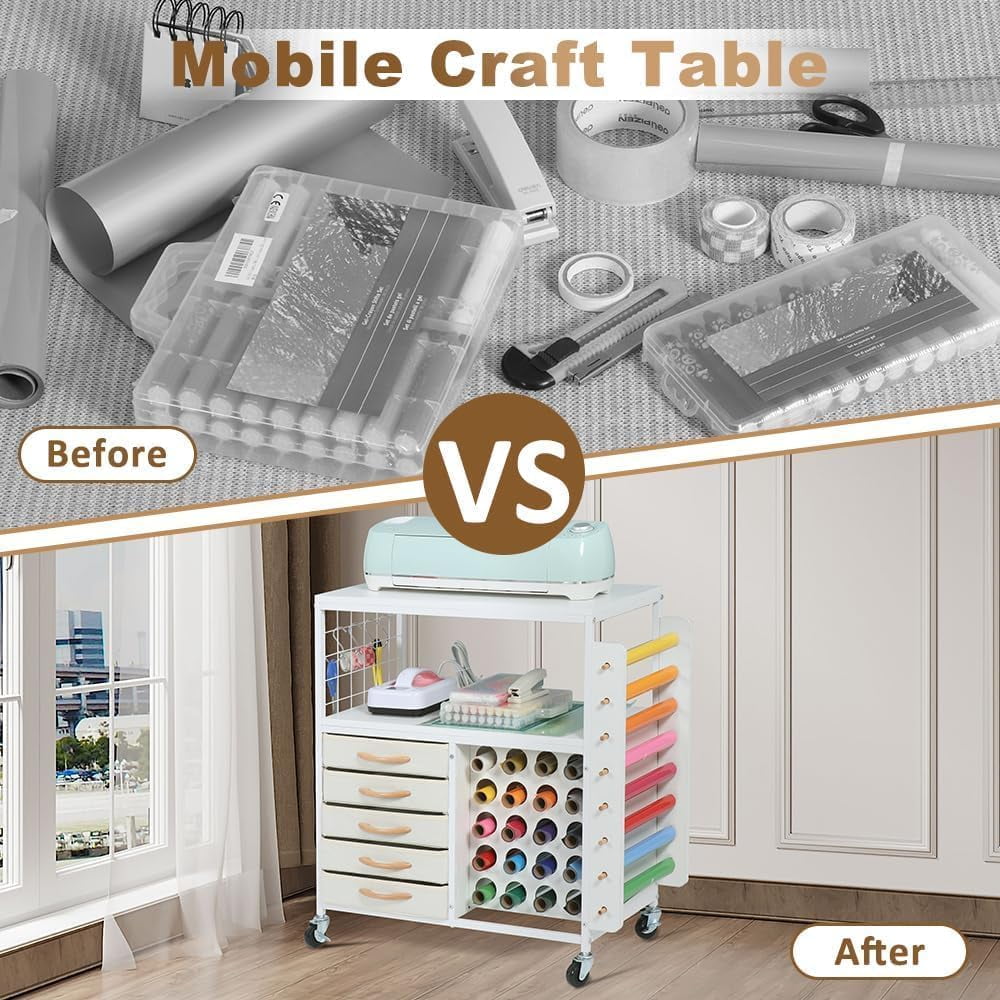 LUCKUP Organization and Storage Craft Table for Cricut Machines, Rolling Cart Cabinet with 28 Vinyl Roll Holders and 5 Drawers