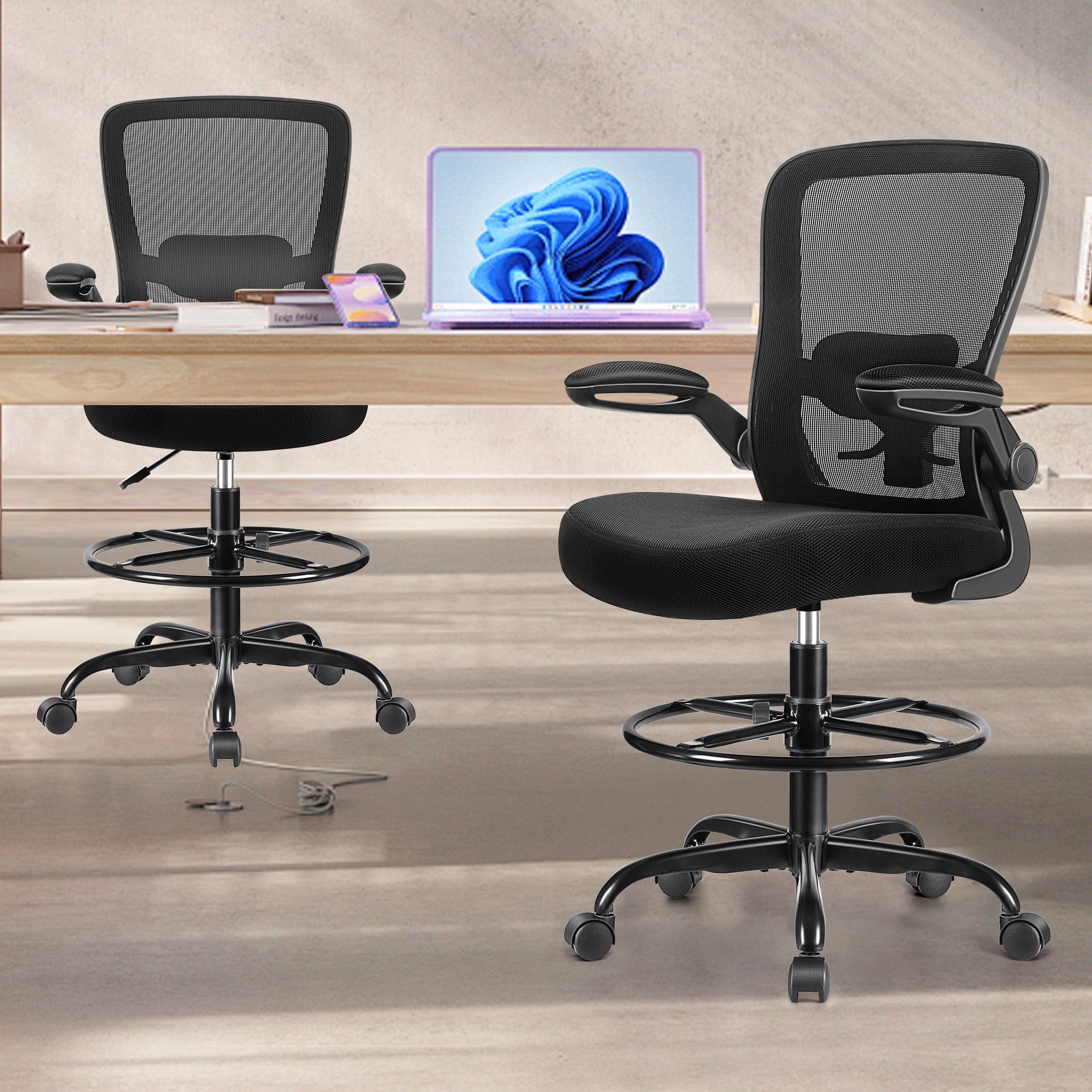 COOLHUT Home Office Chair with Flip-up Armrests for Standing Desk, Ergonomic Computer Office Desk Chair with Adjustable Foot Ring, Office Desk Chairs with Adjustab Lumbar Support for Workplanc, Black