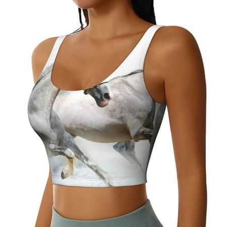 Picia Running White Horses Sports Bra for Women Padded Strappy Sports Bras Medium Support Yoga Bra with Removable Cups Running Yoga Bra-XX-Large