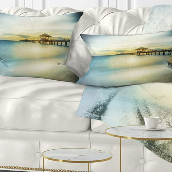 Designart Blue Tinged Seashore with Distant Pier - Pier Seascape Throw Pillow - 12x20