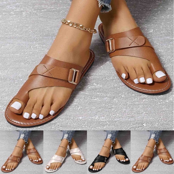 LangJing Flip Flops for Women Summer Dressy Thong Ladies Sandals Comfort Flats Slides with Ring Toe Beach Orthopedic Sandals Brown,40