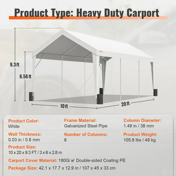 Vevor Carport Heavy Duty 10x20ft Car Canopy Outdoor Garage Shelter With 8 Reinforced Poles And 4 Weighted Bags Uv Resistant Waterproof Portable Ins